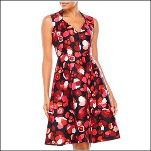Kate Spade ♠️ Falling Florals Sleeveless V-Neck Fit & Flare Dress, Red/Black, 14